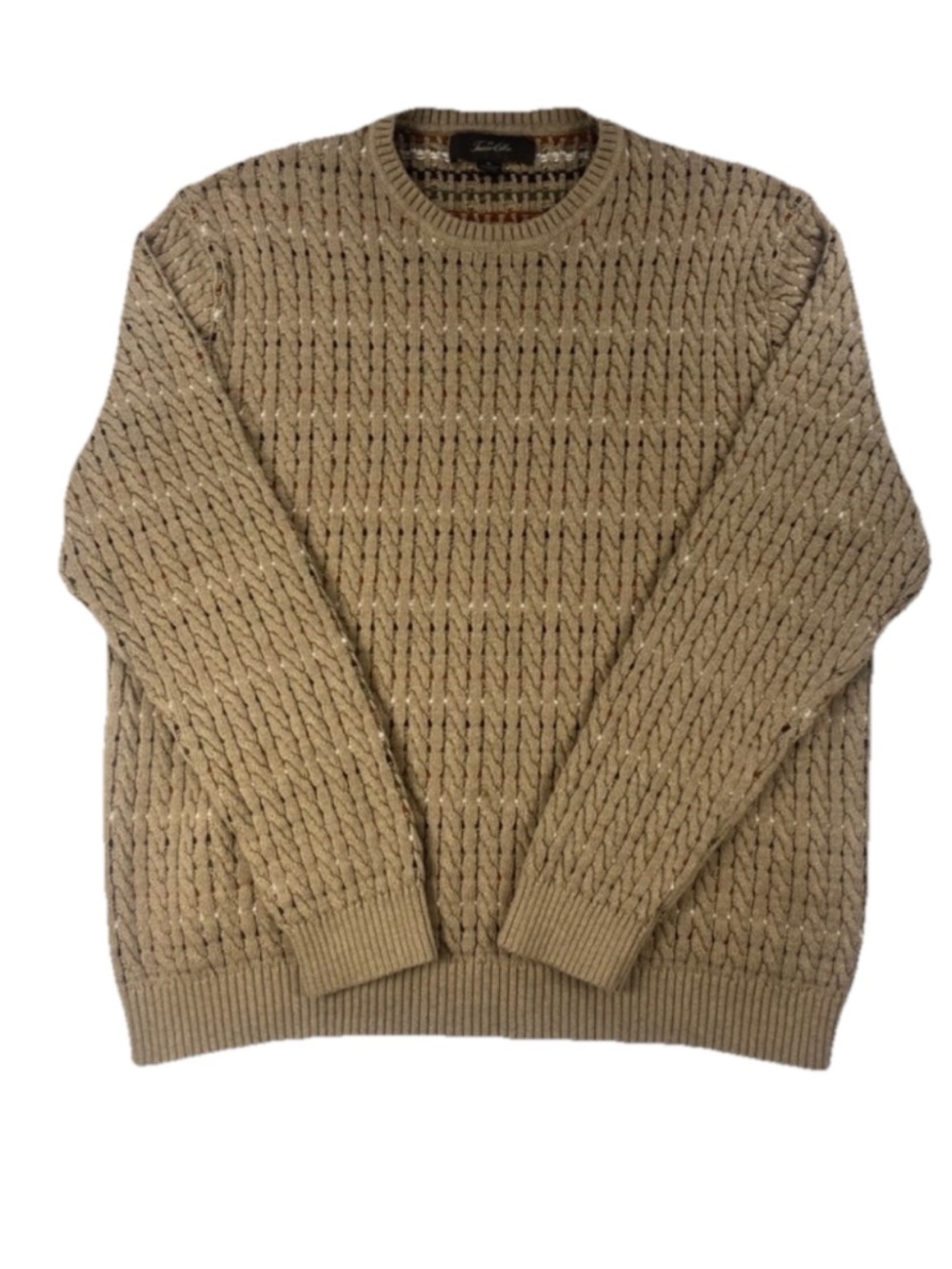 Tasso Elba Men's Pullover Cable Knit Sweater Tan 100% Cotton Size X-Large